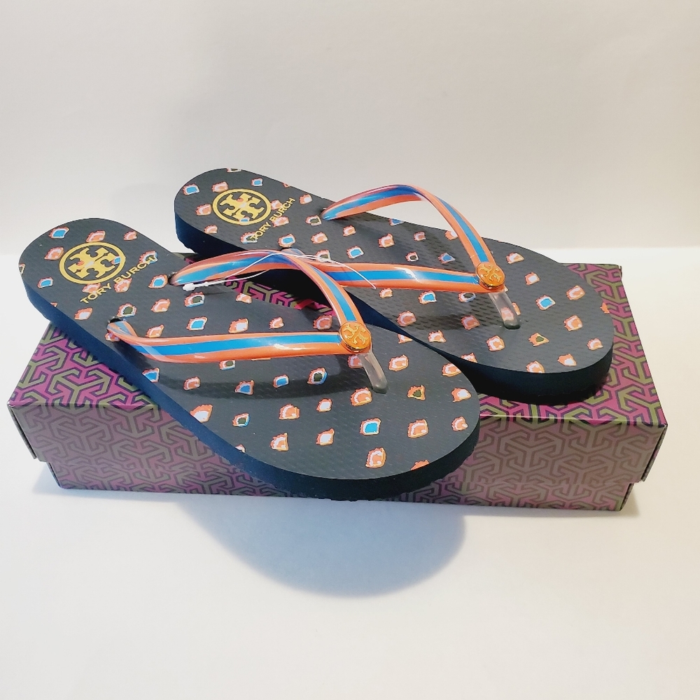Tory Burch Navy Mini Fiori Rubber Flip Flop Sandal Size 7